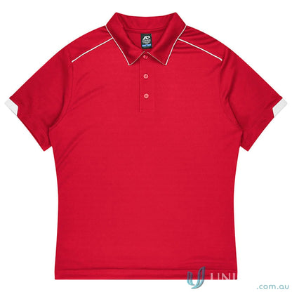 Bright red Currumbin Kids Polo with white piping, perfect for mini waffle uniforms