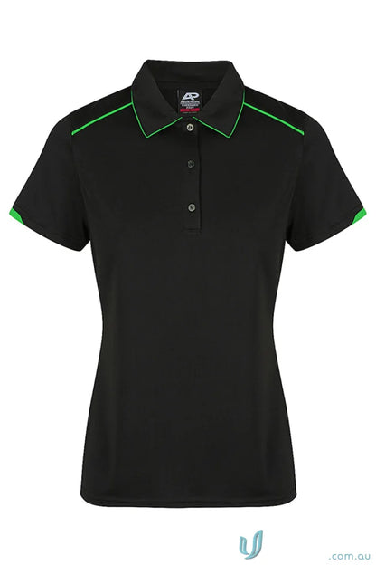 Black short-sleeved polo shirt with green trim from Currumbin Lady Polos, perfect for workwear or uniforms