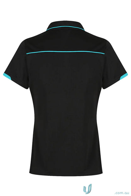 Currumbin Lady Polos black short-sleeve polo with light blue trim workwear uniforms