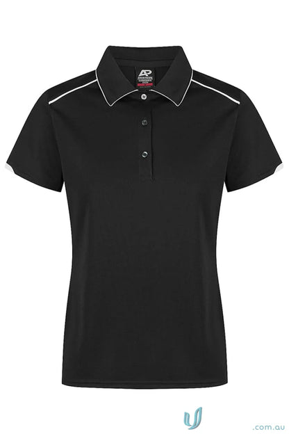 Black Currumbin Lady Polo with white piping, perfect for uniforms and workwear