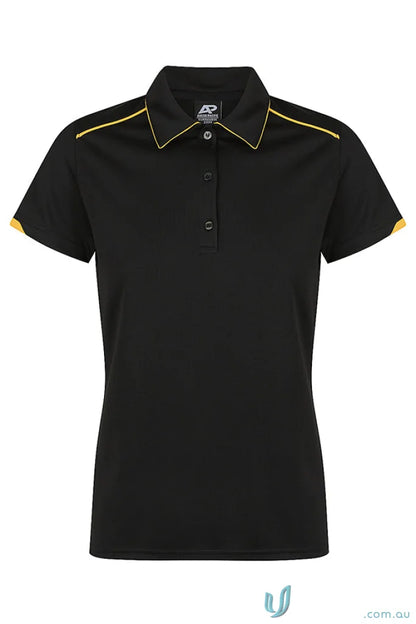Black Currumbin Lady Polo with yellow trim, perfect for mini waffle uniforms or workwear