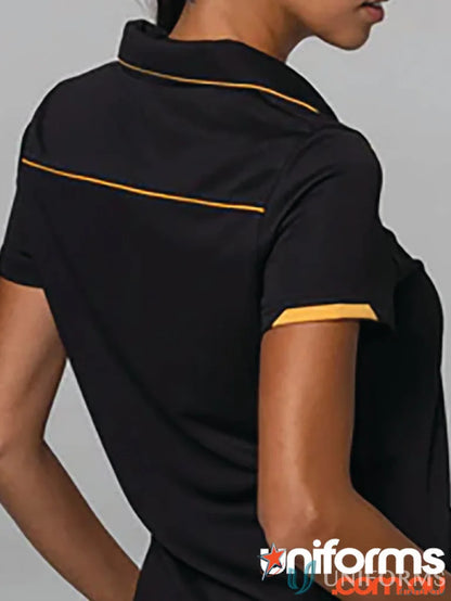 Black short-sleeved polo shirt with yellow trim, perfect for Currumbin Lady Polos workwear