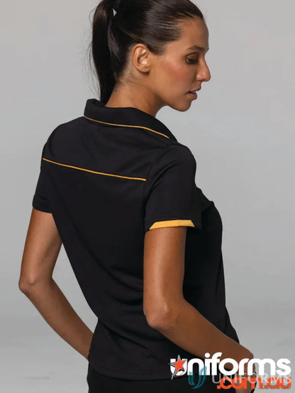 Black short-sleeve polo shirt with yellow trim and stripe, perfect for Currumbin Lady Polos workwear