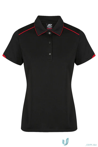 Black Currumbin Lady Polo with red trim, perfect for mini waffle uniforms or workwear