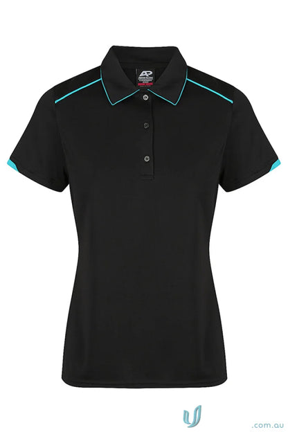 Black Currumbin Lady Polo with light blue trim, perfect for uniforms or workwear