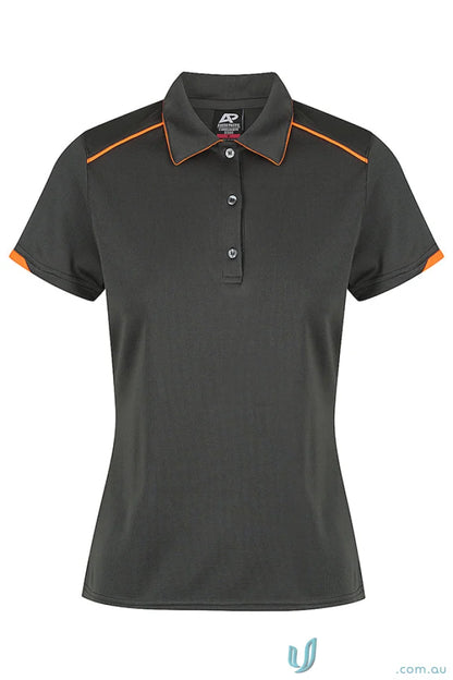 Charcoal grey Currumbin Lady Polo with orange piping, perfect mini waffle workwear uniform