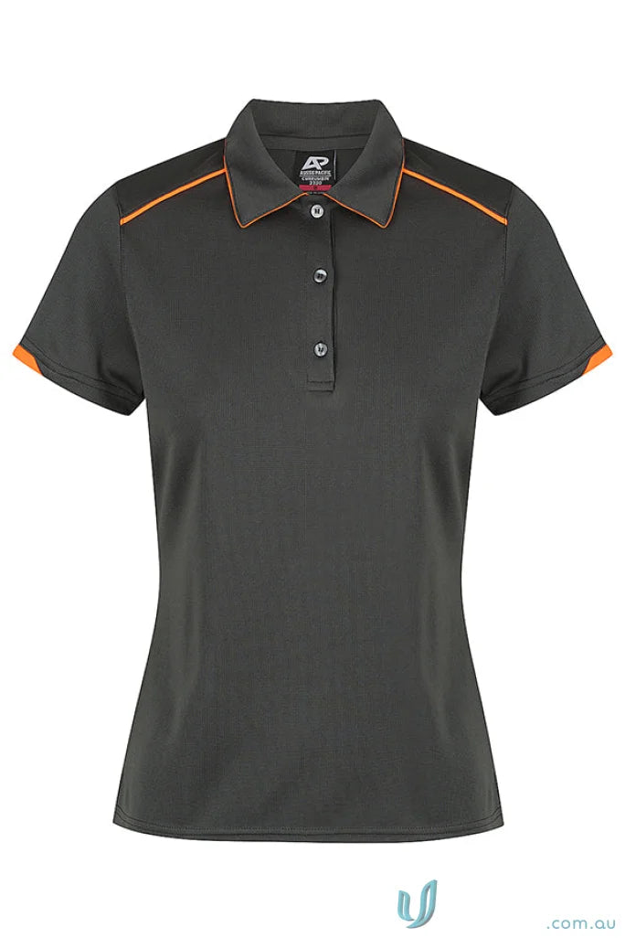 Charcoal grey Currumbin Lady Polo with orange piping, perfect mini waffle workwear uniform