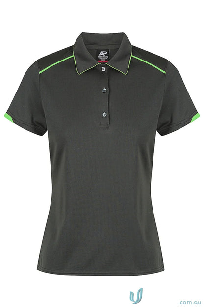 Dark gray Currumbin Lady Polo with lime green accents, perfect for workwear uniforms