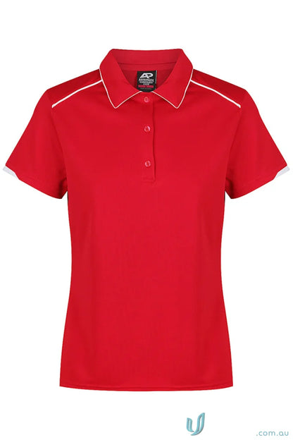 Red short-sleeved women’s polo shirt with white piping from Currumbin Lady Polos, perfect for uniforms or workwear