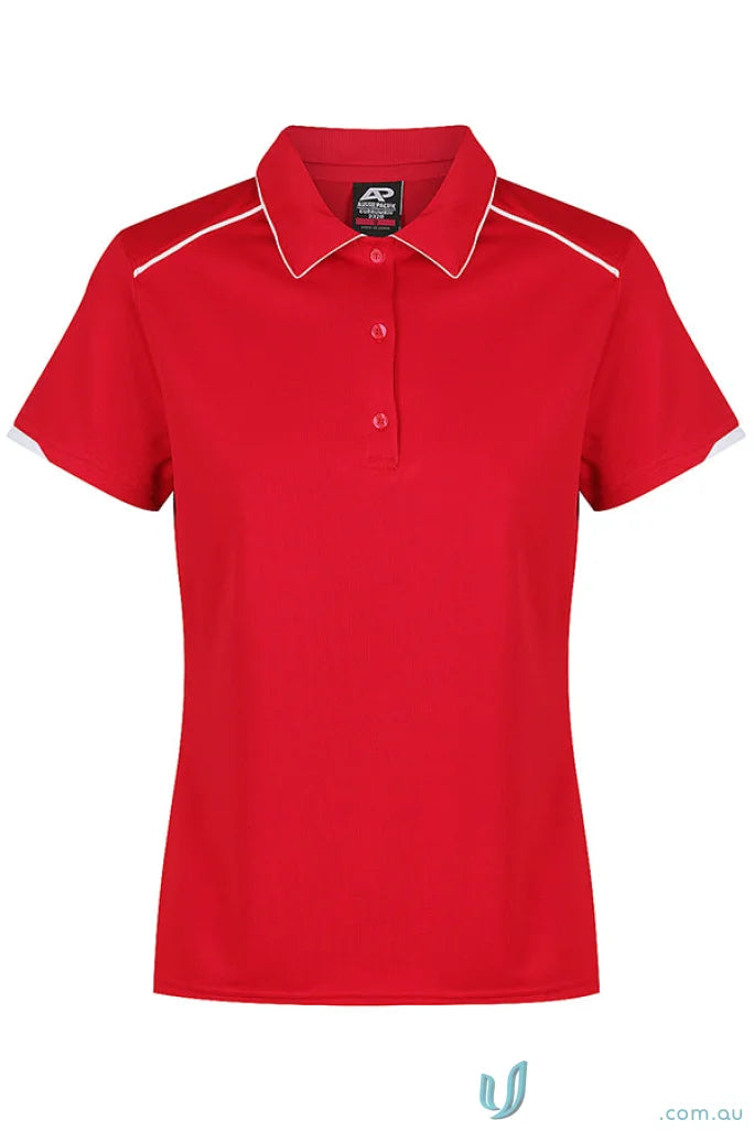 Red short-sleeved women’s polo shirt with white piping from Currumbin Lady Polos, perfect for uniforms or workwear