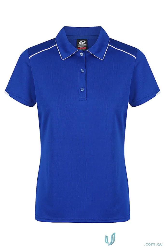 Royal blue Currumbin Lady Polo with white piping, perfect for mini waffle uniforms or workwear
