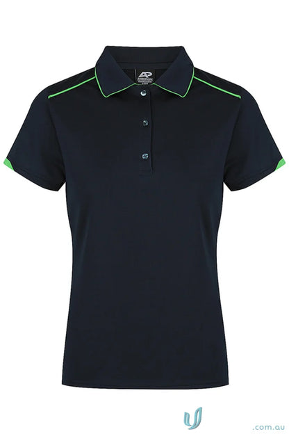 Women’s dark blue Currumbin Lady Polo with lime green trim, perfect for workwear uniforms