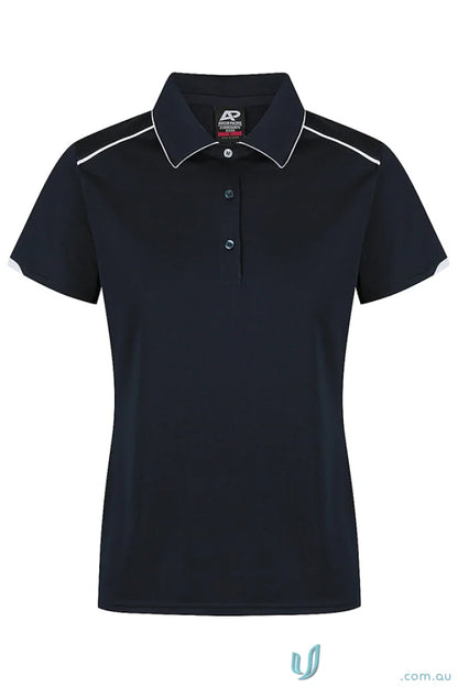 Women’s navy blue Currumbin Lady Polo with white trim, perfect for workwear uniforms
