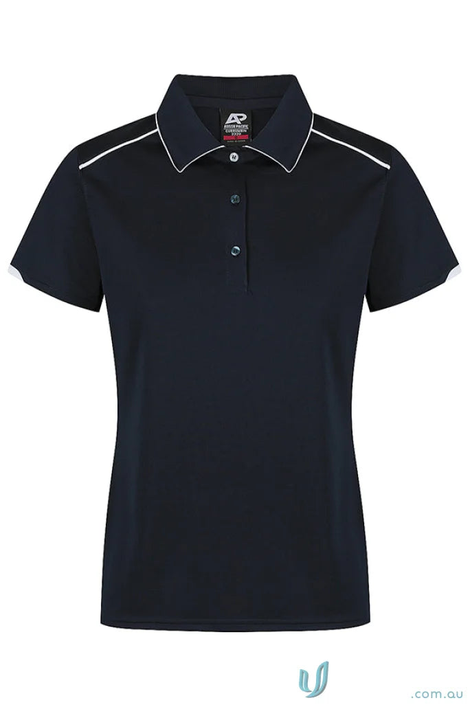 Women’s navy blue Currumbin Lady Polo with white trim, perfect for workwear uniforms
