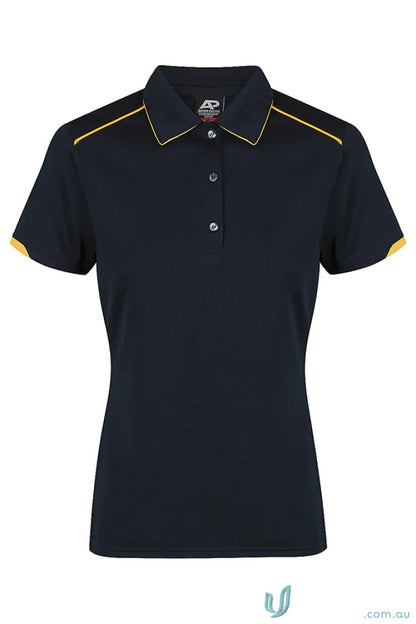 Women’s navy blue mini waffle polo shirt with yellow trim, perfect for uniforms or workwear