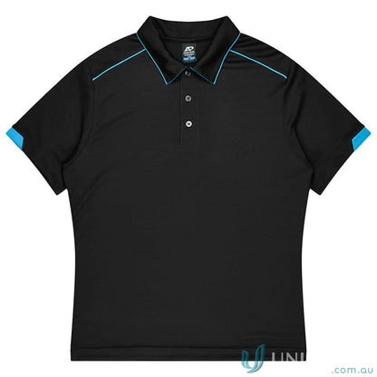 Black men’s polo shirt with blue trim from Currumbin-mens-polos, perfect for workwear