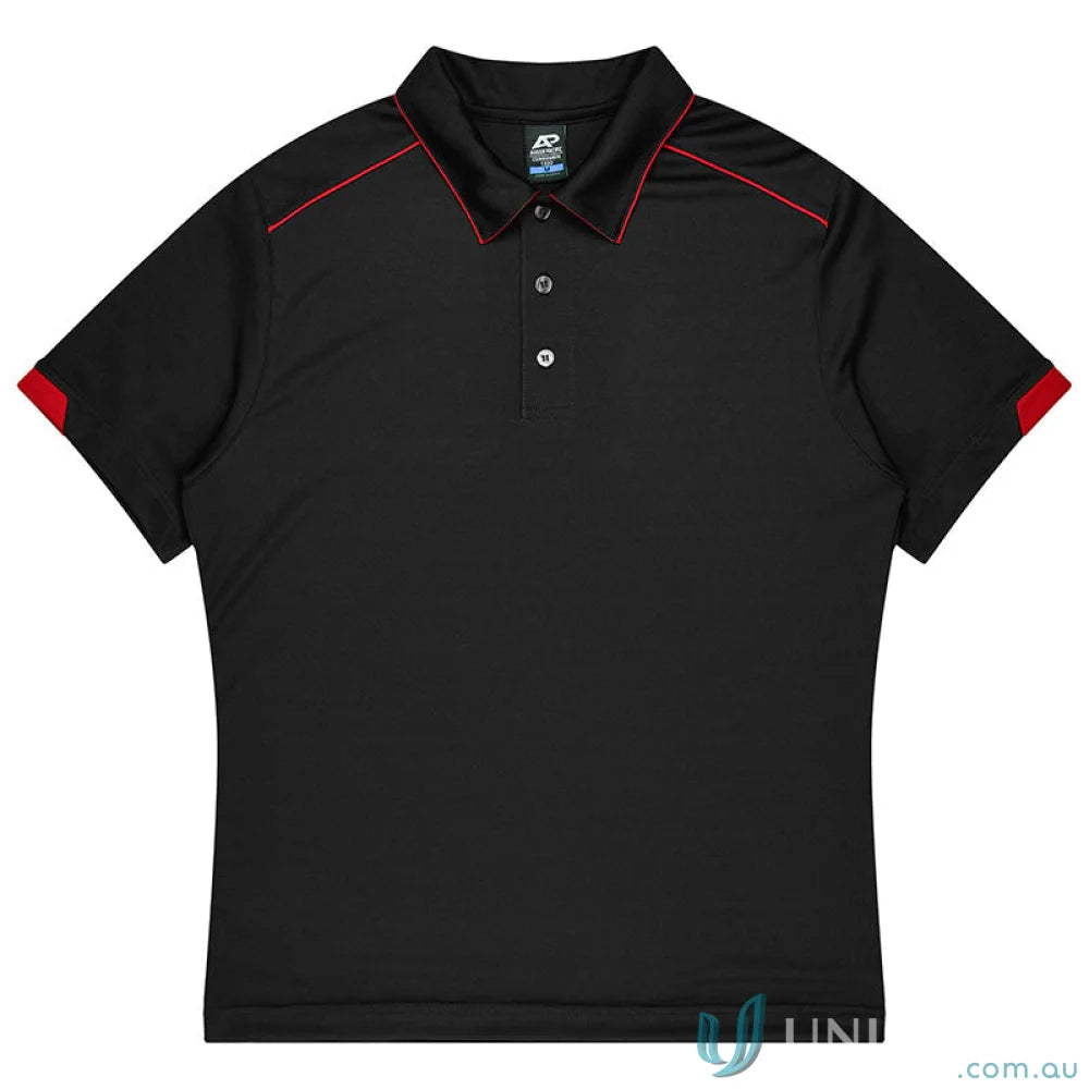 Black polo shirt with red trim from Currumbin mens polos, perfect for workwear uniforms