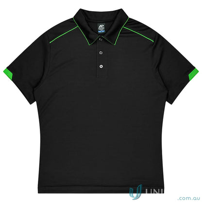 Black short-sleeve polo shirt with green trim for Currumbin mens workwear and uniforms