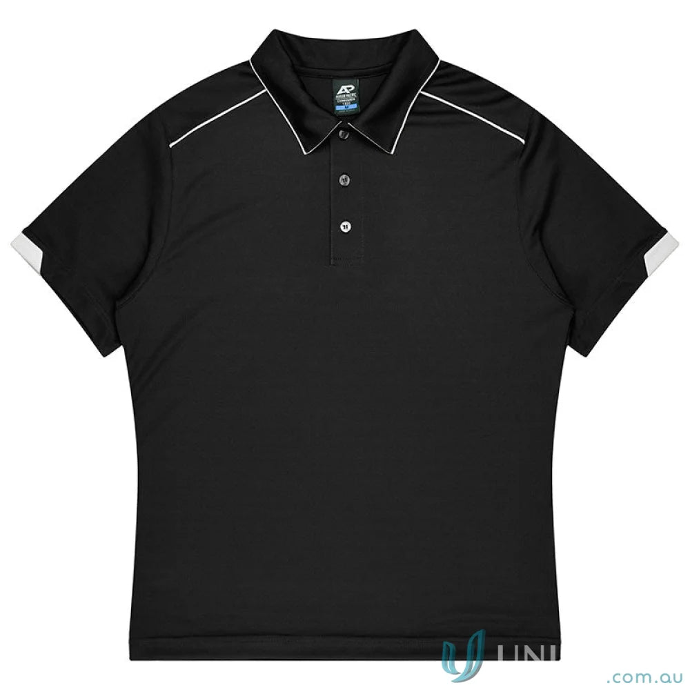 Black short-sleeved polo shirt with white trim, perfect for Currumbin uniforms or workwear