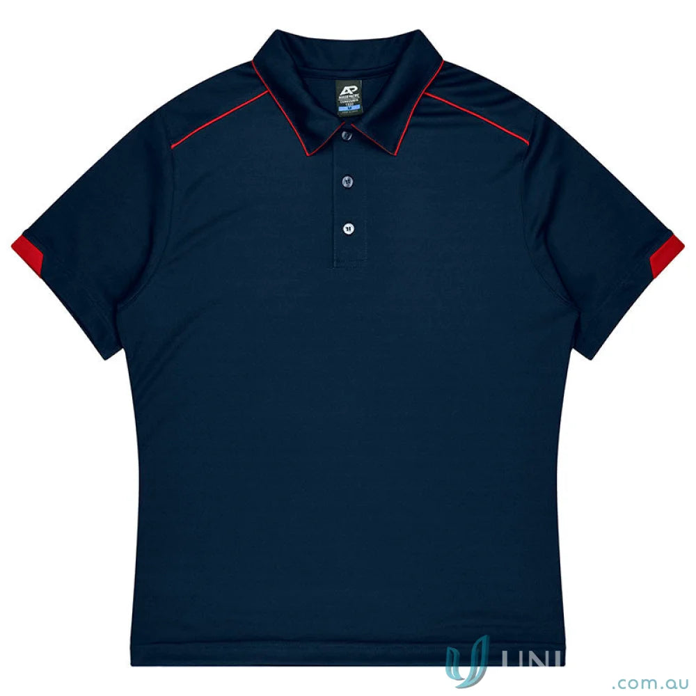 Dark blue mens polo shirt with red piping, perfect for uniforms or workwear