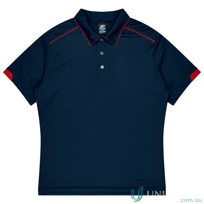 Dark blue mens polo shirt with red piping, perfect for uniforms or workwear