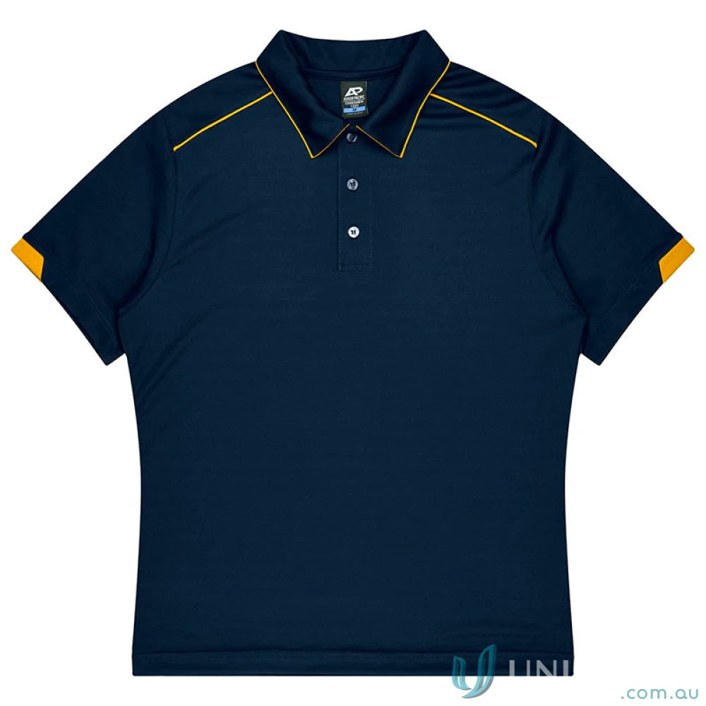 Dark blue Currumbin mens polo with yellow accents, perfect for mini waffle uniforms or workwear