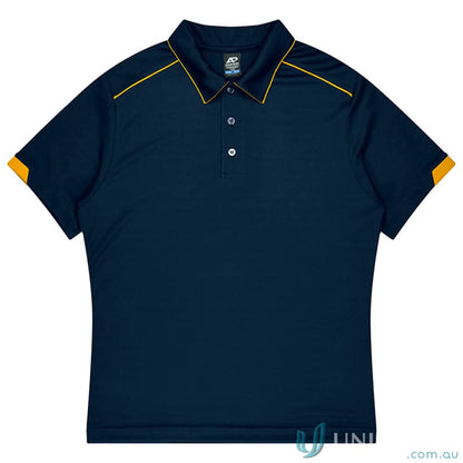 Dark blue Currumbin mens polo with yellow accents, perfect for mini waffle uniforms or workwear