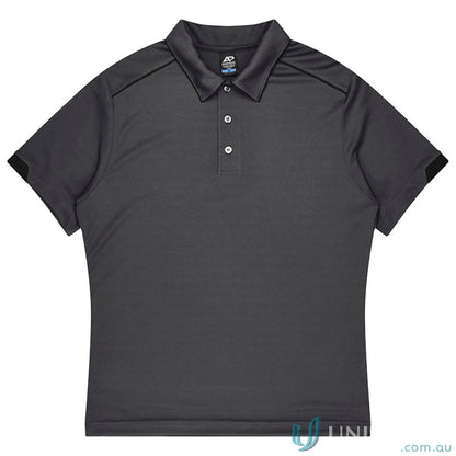 Dark gray mens polo shirt with black stitching, perfect for uniforms or workwear