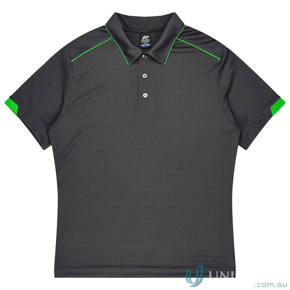 Dark grey Currumbin mens polo with bright green trim, perfect for workwear uniforms