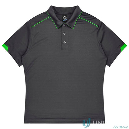 Dark grey Currumbin mens polo with bright green trim, perfect for workwear uniforms