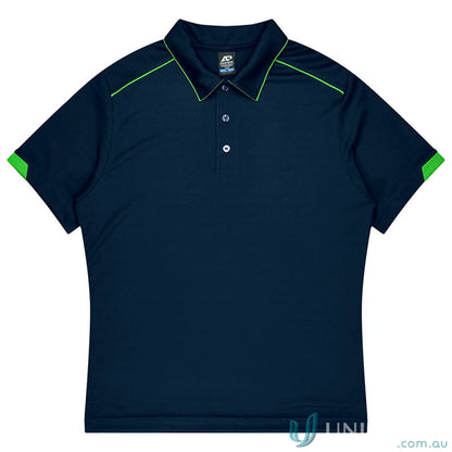 Navy blue mini waffle polo shirt with lime green accents for uniforms and workwear