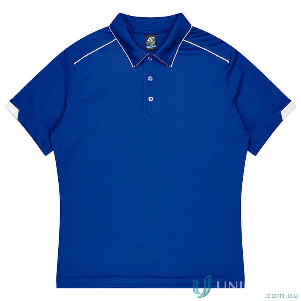 Royal blue Currumbin mens polo with white trim, perfect for mini waffle uniforms or workwear