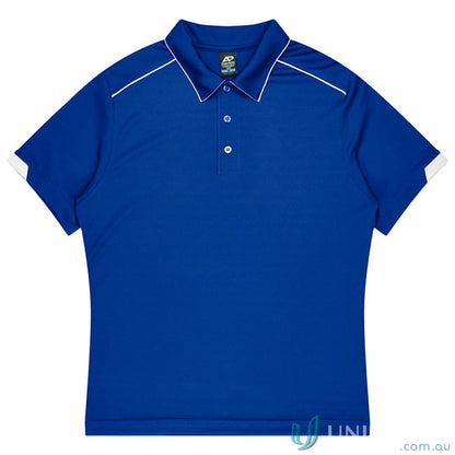 Royal blue Currumbin mens polo with white trim, perfect for mini waffle uniforms or workwear