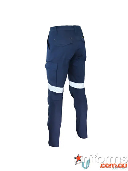Navy blue taped cargo pants with cushioned knee pads and slimflex segment taped design
