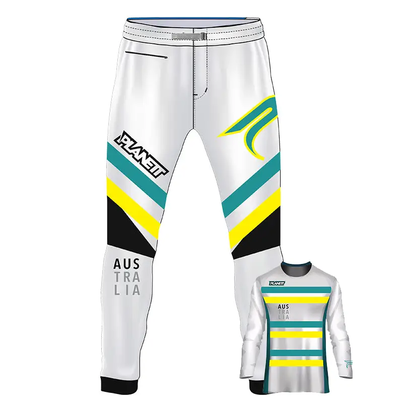 White planet motocross ride pant with bold teal yellow black stripes and australia branding ideal for work uniforms