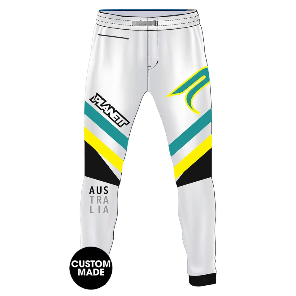 White custom aust 2ndskn ride pant with bold teal yellow black stripes and planet logo perfect for work uniforms
