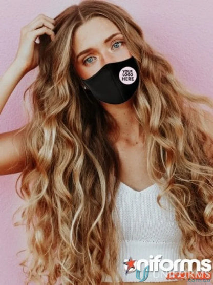 Black face mask from Custom Branded Face Masks, perfect for uniforms and minimum order needs