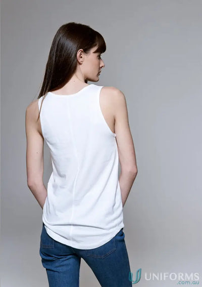 White tank top from Charlie Tank with binded armhole for women’s cut style