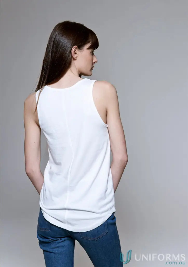 White tank top from Charlie Tank with binded armhole for women’s cut style