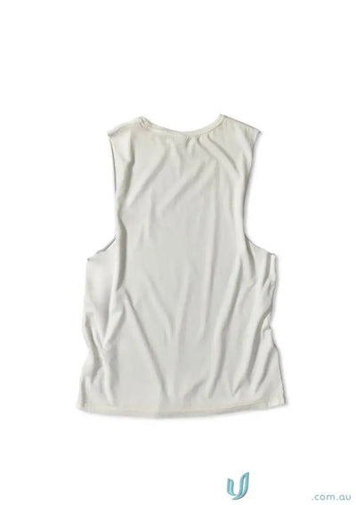 Sleeveless white cotton tank top with raw cut sleeve and nameless chest embroidery