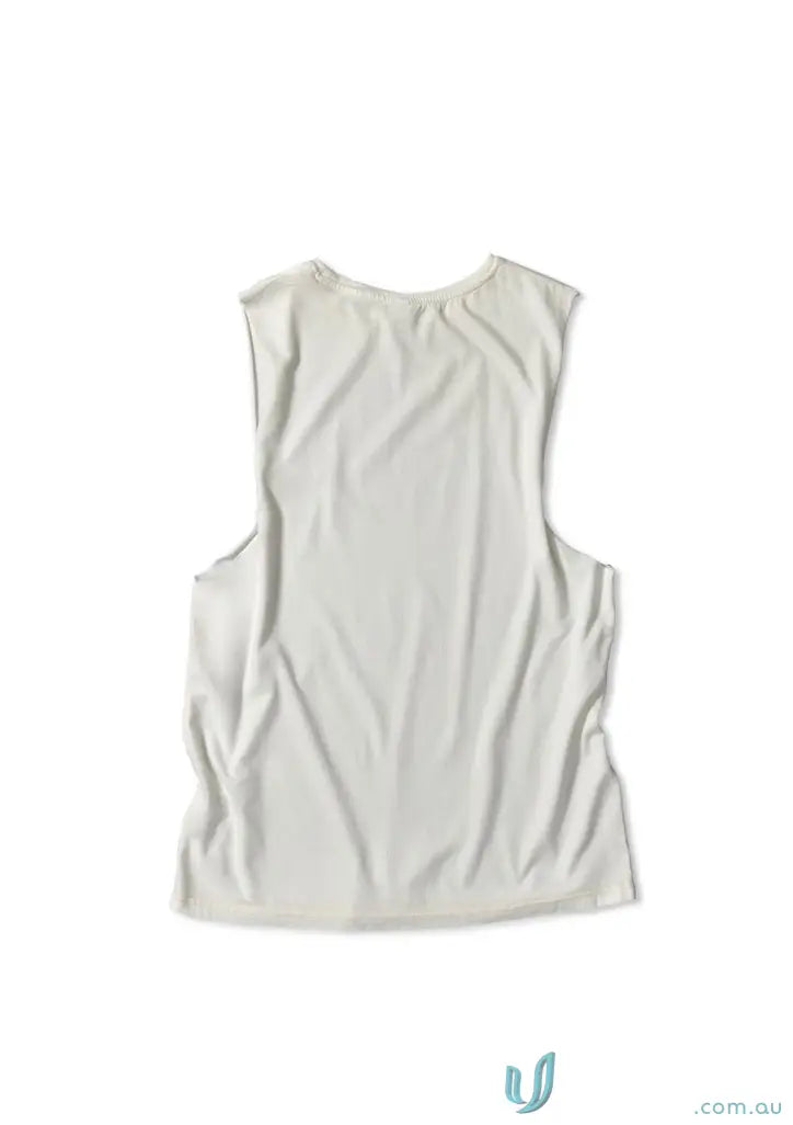 Sleeveless white cotton tank top with raw cut sleeve and nameless chest embroidery