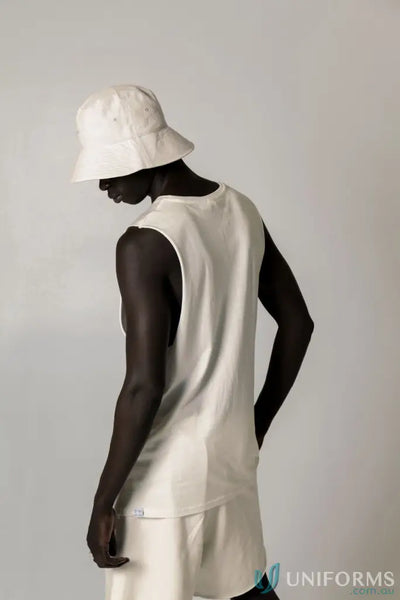White bucket hat and tank top set with raw cut sleeve and nameless chest embroidery