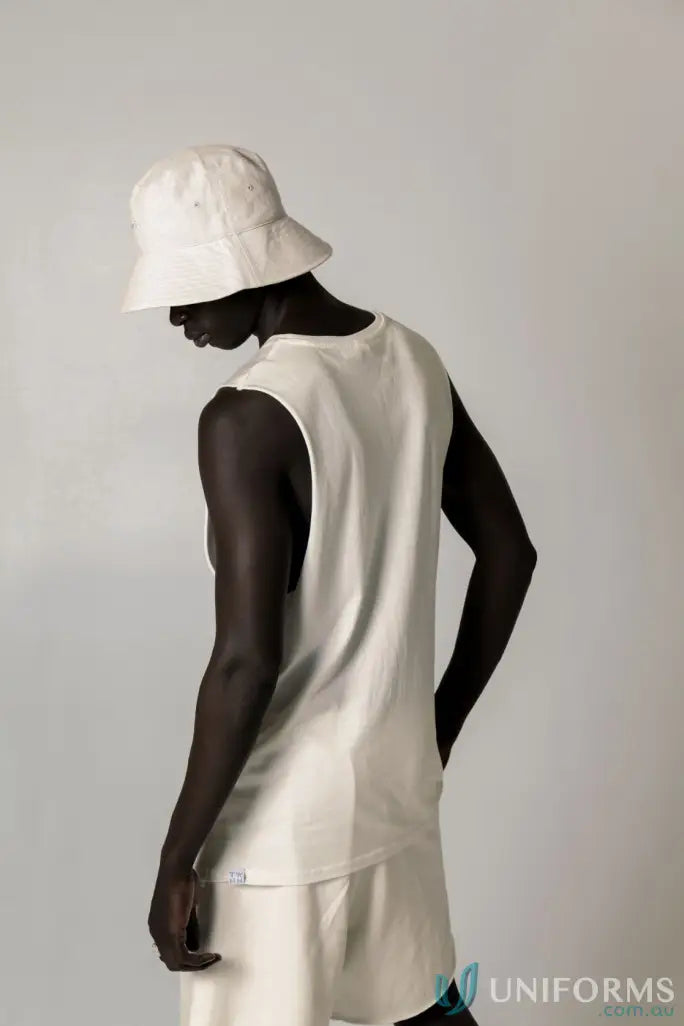 White bucket hat and tank top set with raw cut sleeve and nameless chest embroidery