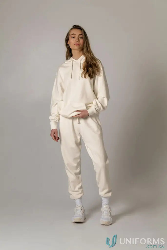 Cream-colored Hudson Hood garment dyed hoodie and sweatpants set for comfy uniforms