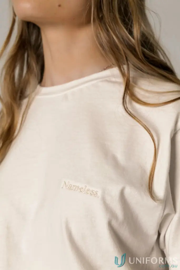 Beige cotton Donald Tee with retro fit and higher ribbed neckline