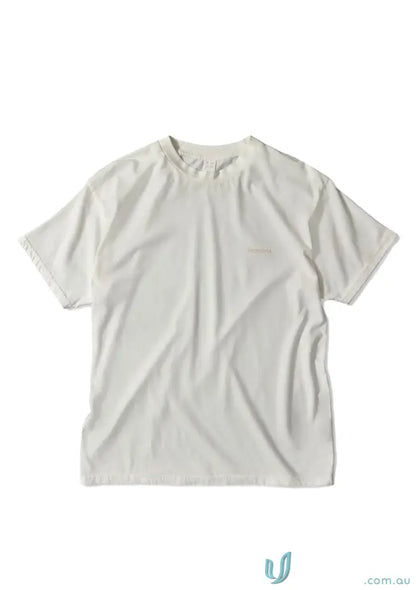 Wrinkled off-white Donald Tee with retro fit and higher ribbed neckline for casual vibe