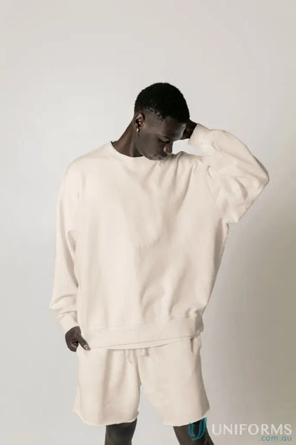 Beige Retro Sweat natural dyed oversized drop shoulder sweatshirt and shorts set