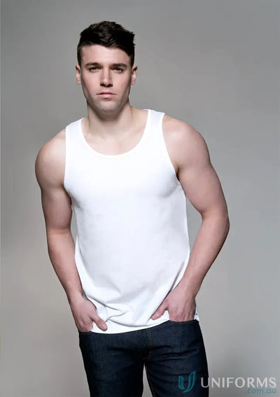 Man in white Timmy Tank Top, ideal workwear or casual uniform choice