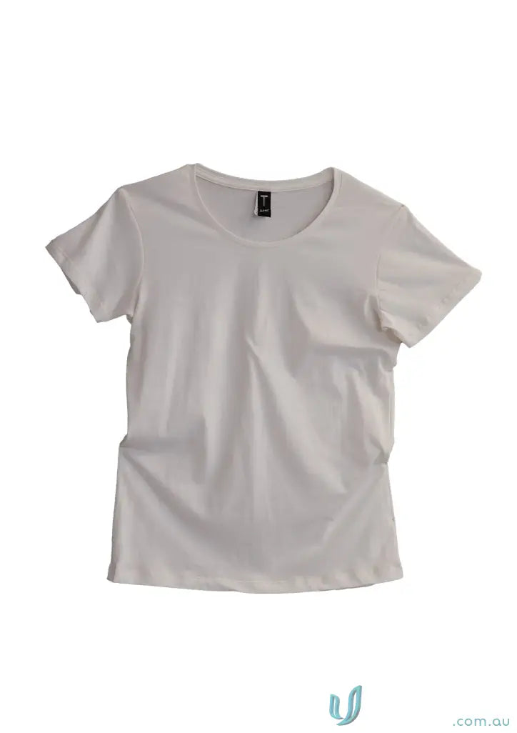 White short-sleeved Harper Tee with crew neck, perfect for stylish uniforms
