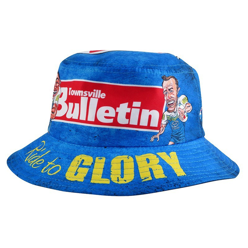 Custom DyeSub blue mesh bucket hat with Townsville Bulletin logo and Ride to Glory
